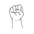 Simple doodle style drawing. fist raised to the top. line drawing isolated on white background. symbol picket, demonstration, stru
